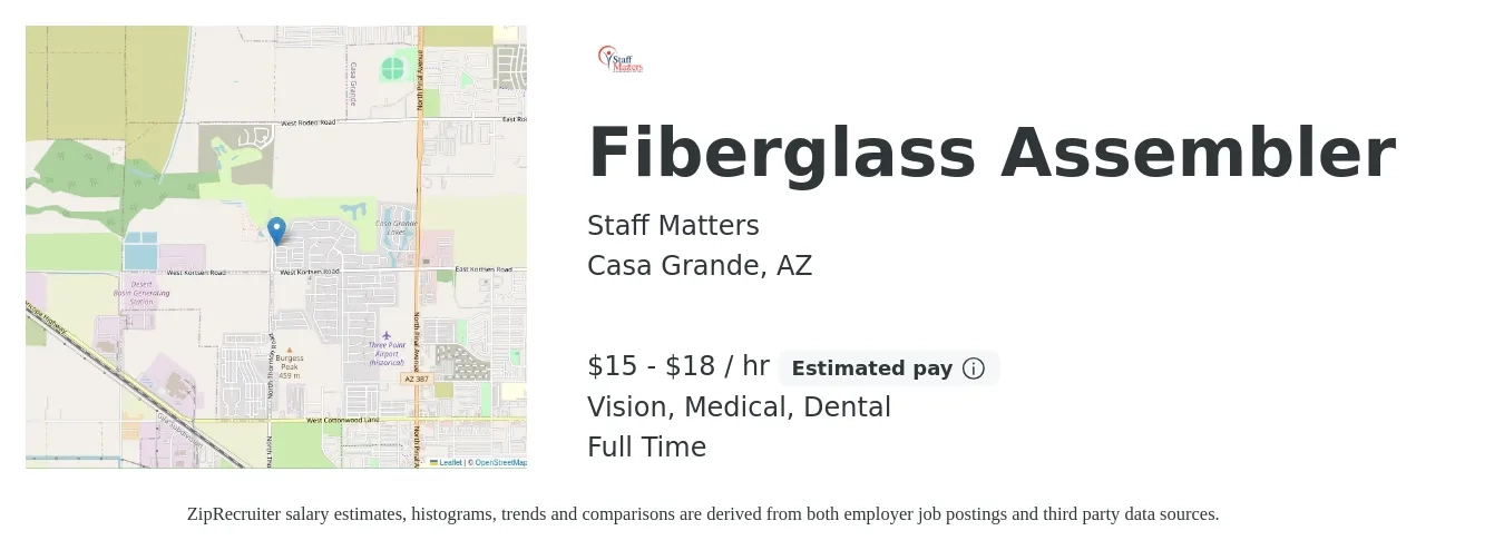Staff Matters job posting for a Fiberglass Assembler in Casa Grande, AZ with a salary of $16 to $19 Hourly and benefits including dental, medical, and vision with a map of Casa Grande location.