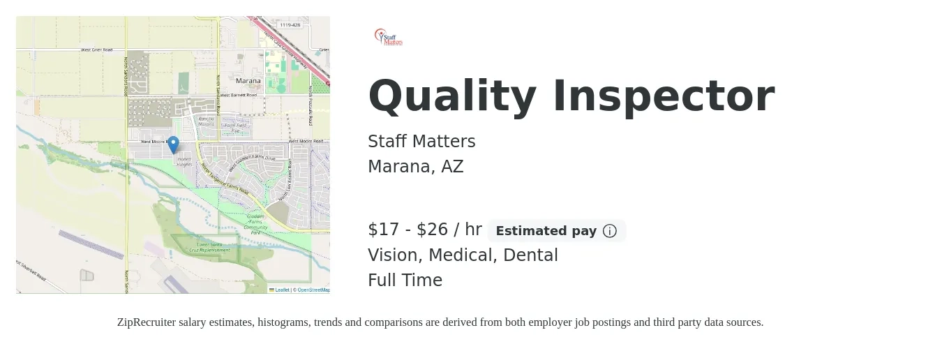 Staff Matters job posting for a Quality Inspector in Marana, AZ with a salary of $16 to $23 Hourly and benefits including dental, medical, and vision with a map of Marana location.