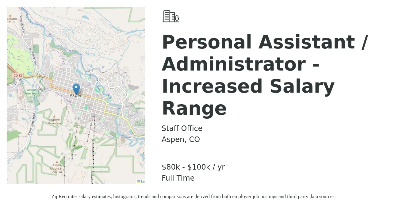 Staff Office job posting for a Personal Assistant / Administrator - Increased Salary Range in Aspen, CO with a salary of $80,000 to $100,000 Yearly with a map of Aspen location.