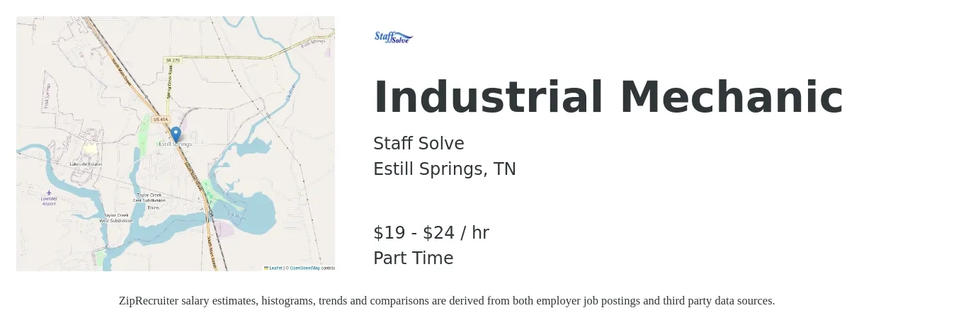 Staff Solve job posting for a Industrial Mechanic in Estill Springs, TN with a salary of $25 to $28 Hourly with a map of Estill Springs location.