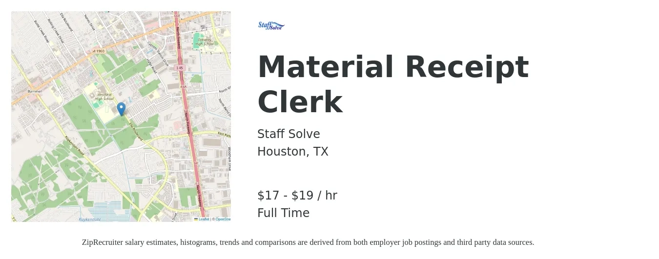 Staff Solve job posting for a Material Receipt Clerk in Houston, TX with a salary of $18 to $20 Hourly with a map of Houston location.