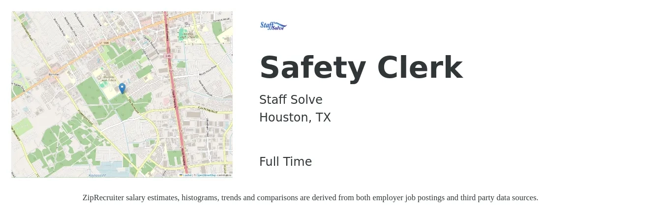 Staff Solve job posting for a Safety Clerk in Houston, TX with a salary of $18 to $22 Hourly with a map of Houston location.