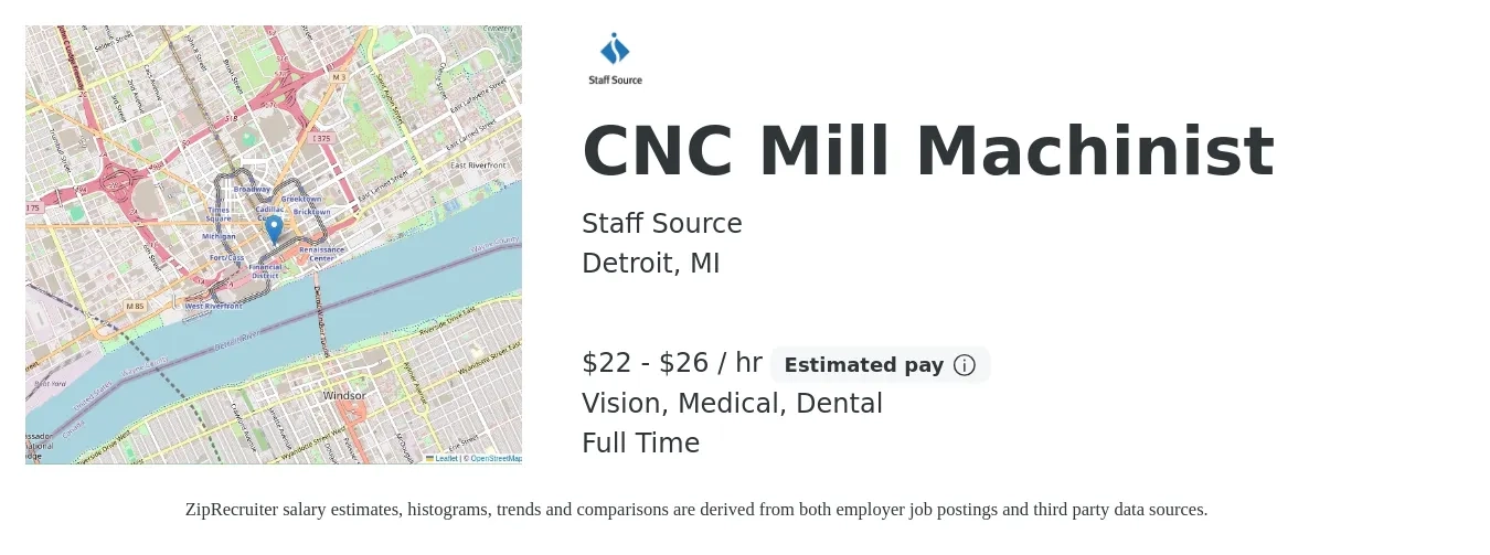 Staff Source job posting for a CNC Mill Machinist in Detroit, MI with a salary of $23 to $28 Hourly and benefits including retirement, vision, dental, life_insurance, medical, and pto with a map of Detroit location.