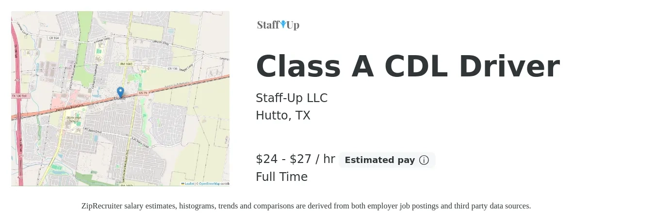 Staff-Up LLC job posting for a Class A CDL Driver in Hutto, TX with a salary of $25 to $29 Hourly with a map of Hutto location.