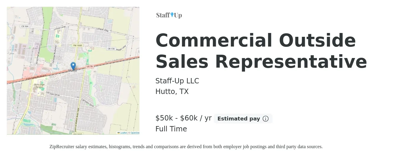 Staff-Up LLC job posting for a Commercial Outside Sales Representative in Hutto, TX with a salary of $50,000 to $60,000 Yearly with a map of Hutto location.