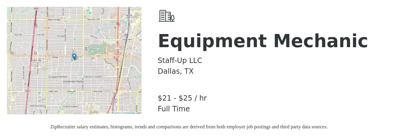 Staff-Up LLC job posting for a Equipment Mechanic in Dallas, TX with a salary of $22 to $26 Hourly with a map of Dallas location.