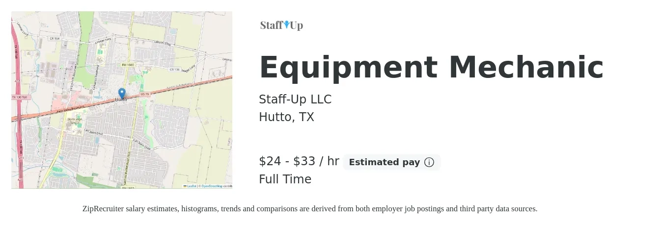 Staff-Up LLC job posting for a Equipment Mechanic in Hutto, TX with a salary of $25 to $35 Hourly with a map of Hutto location.