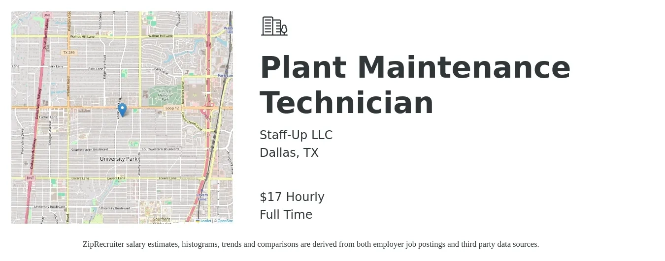 Staff-Up LLC job posting for a Plant Maintenance Technician in Dallas, TX with a salary of $18 Hourly with a map of Dallas location.