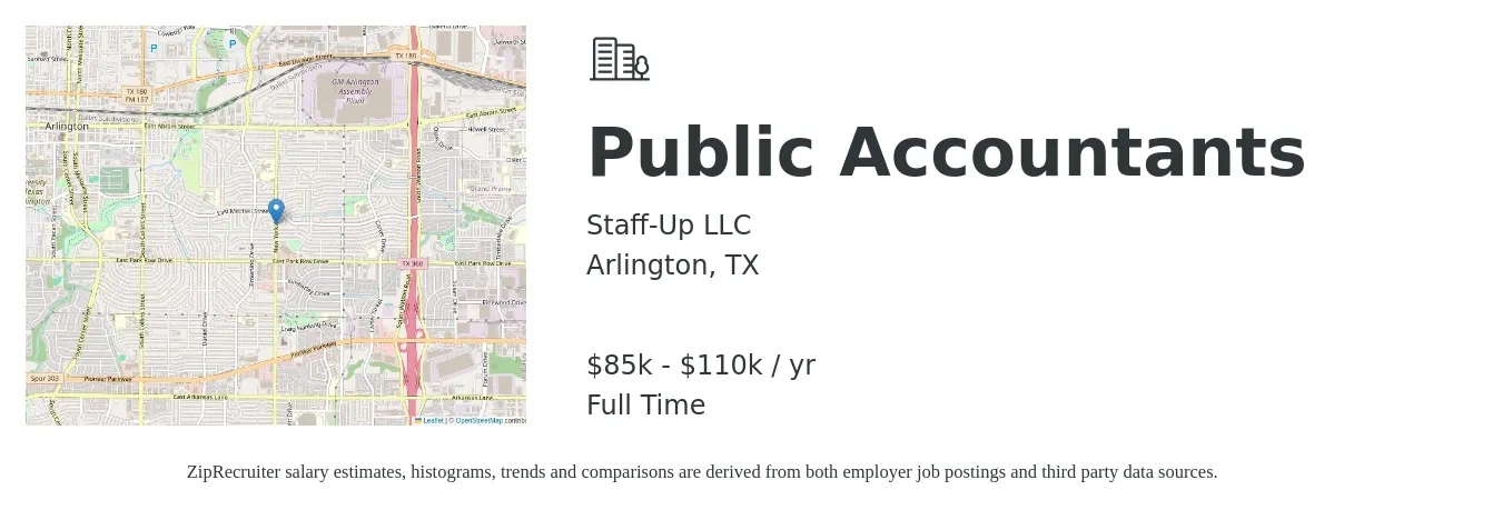 Staff-Up LLC job posting for a Public Accountants in Arlington, TX with a salary of $85,000 to $110,000 Yearly with a map of Arlington location.