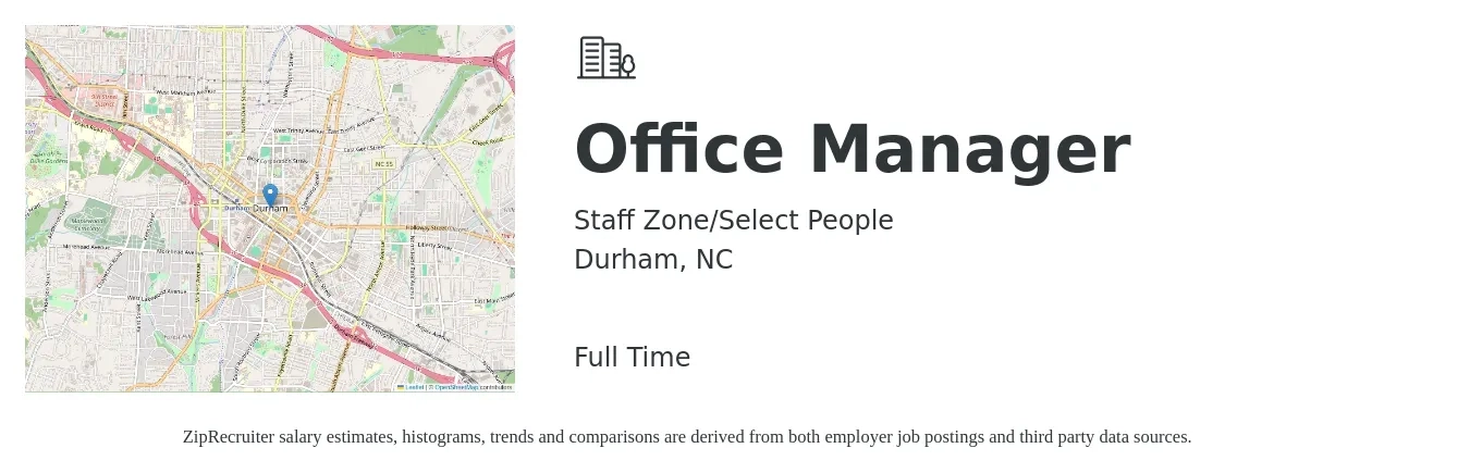 Staff Zone/Select People job posting for a Office Manager in Durham, NC with a salary of $40,000 Yearly with a map of Durham location.