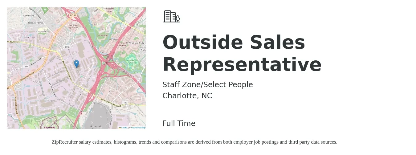 Staff Zone/Select People job posting for a Outside Sales Representative in Charlotte, NC with a salary of $49,200 to $84,400 Yearly with a map of Charlotte location.