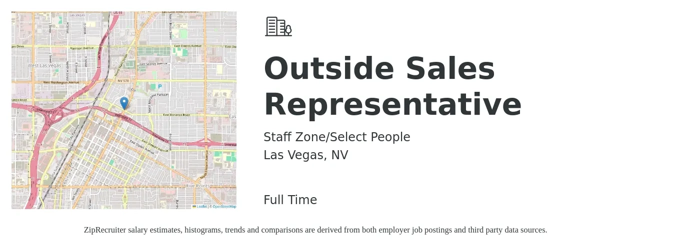 Staff Zone/Select People job posting for a Outside Sales Representative in Las Vegas, NV with a salary of $50,200 to $86,000 Yearly with a map of Las Vegas location.