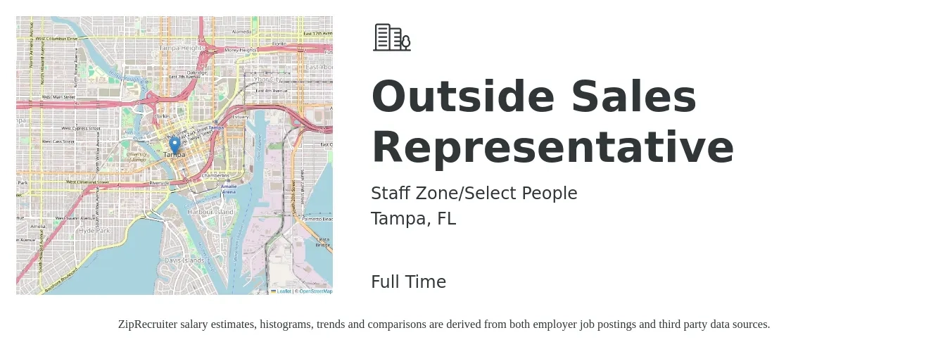 Staff Zone/Select People job posting for a Outside Sales Representative in Tampa, FL with a salary of $50,000 Yearly with a map of Tampa location.