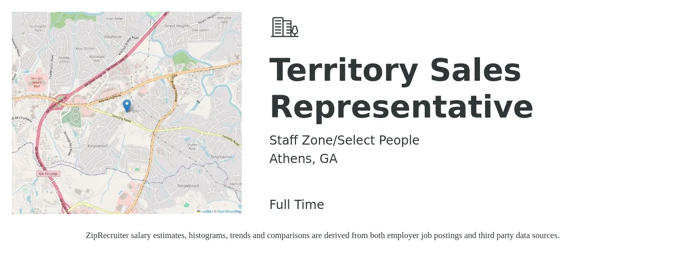 Staff Zone/Select People job posting for a Territory Sales Representative in Athens, GA with a salary of $50,000 Yearly with a map of Athens location.