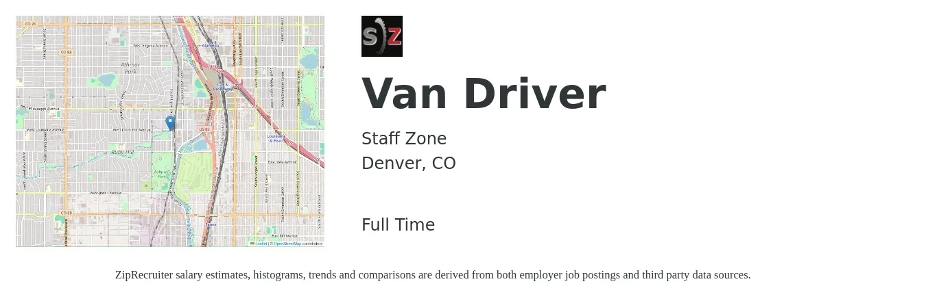 Staff Zone job posting for a Van Driver in Denver, CO with a salary of $897 Weekly with a map of Denver location.