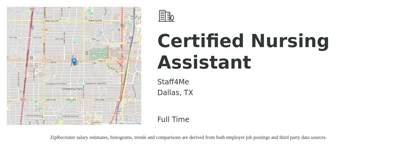 Staff4Me job posting for a Certified Nursing Assistant in Dallas, TX with a salary of $17 to $23 Hourly with a map of Dallas location.