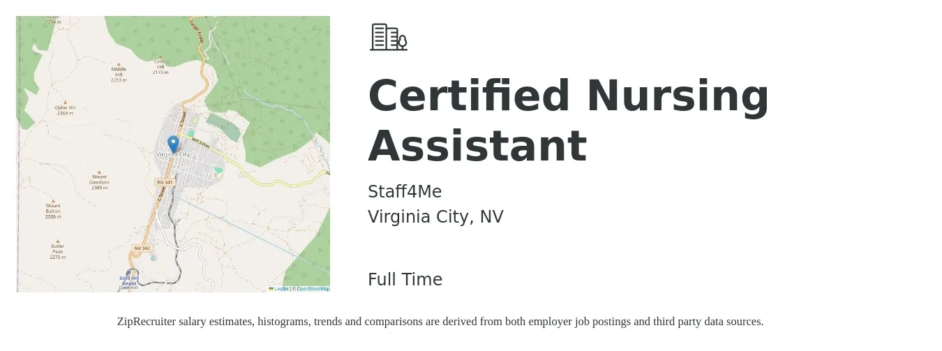 Staff4Me job posting for a Certified Nursing Assistant in Virginia City, NV with a salary of $18 to $24 Hourly with a map of Virginia City location.