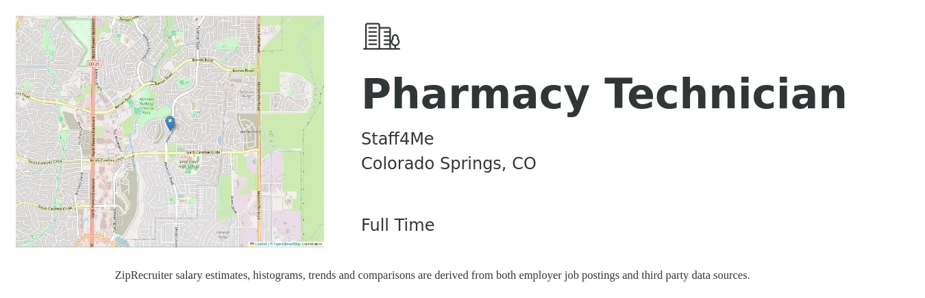 Staff4Me job posting for a Pharmacy Technician in Colorado Springs, CO with a salary of $17 to $21 Hourly with a map of Colorado Springs location.