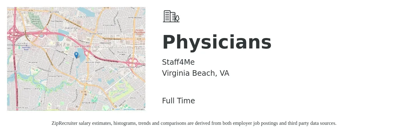 Staff4Me job posting for a Physicians in Virginia Beach, VA with a salary of $180,300 to $232,000 Yearly with a map of Virginia Beach location.