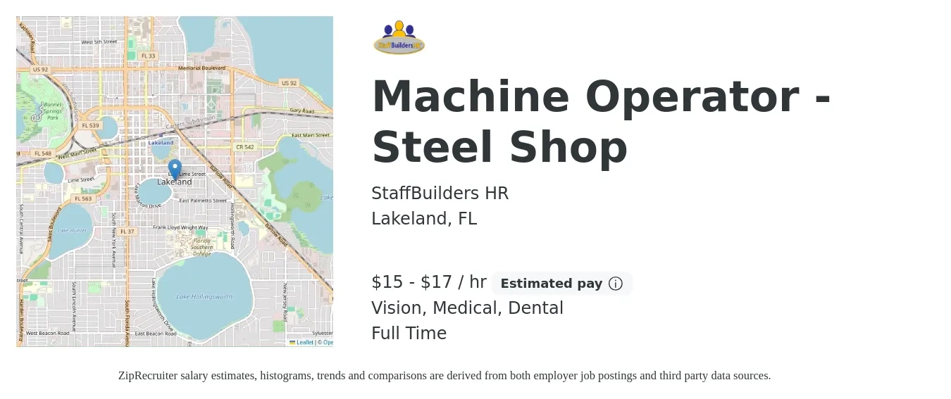 StaffBuilders HR job posting for a Machine Operator - Steel Shop in Lakeland, FL with a salary of $16 to $18 Hourly and benefits including retirement, vision, dental, life_insurance, medical, and pto with a map of Lakeland location.