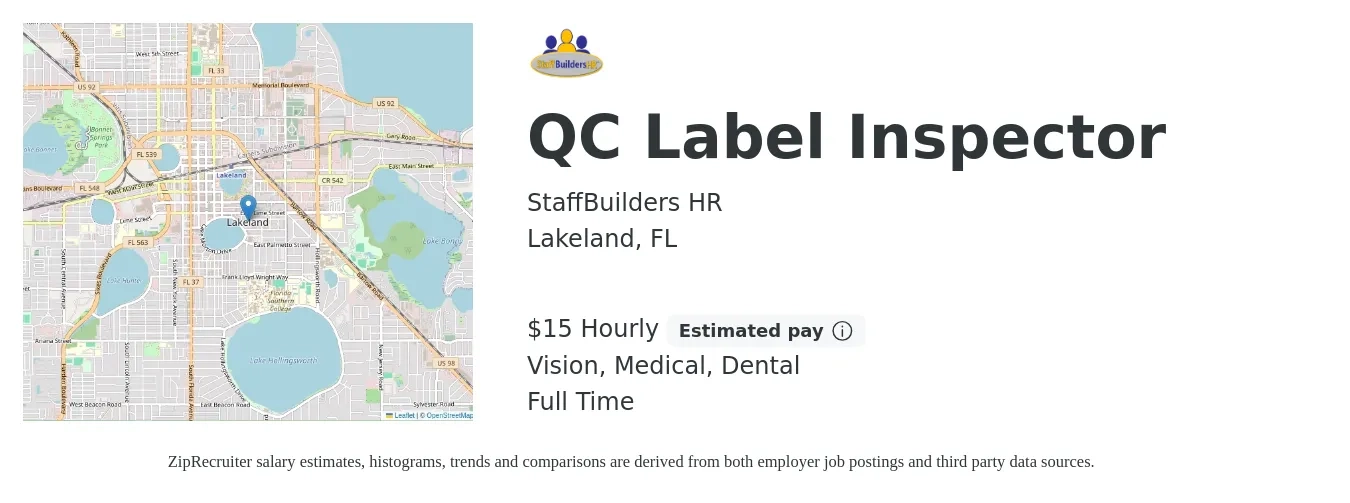 StaffBuilders HR job posting for a QC Label Inspector in Lakeland, FL with a salary of $16 Hourly and benefits including pto, retirement, vision, dental, life_insurance, and medical with a map of Lakeland location.