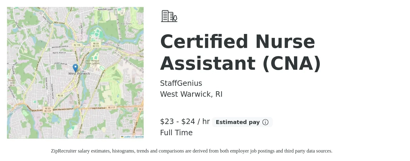 StaffGenius job posting for a Certified Nurse Assistant (CNA) in West Warwick, RI with a salary of $24 to $25 Hourly with a map of West Warwick location.