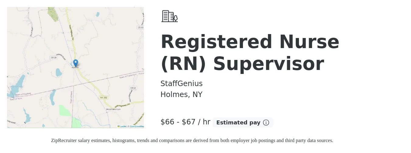 StaffGenius job posting for a Registered Nurse (RN) Supervisor in Holmes, NY with a salary of $69 to $70 Hourly with a map of Holmes location.