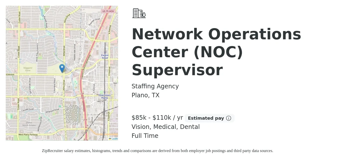 Staffing Agency job posting for a Network Operations Center (NOC) Supervisor in Plano, TX with a salary of $85,000 to $110,000 Yearly and benefits including life_insurance, medical, pto, retirement, vision, and dental with a map of Plano location.