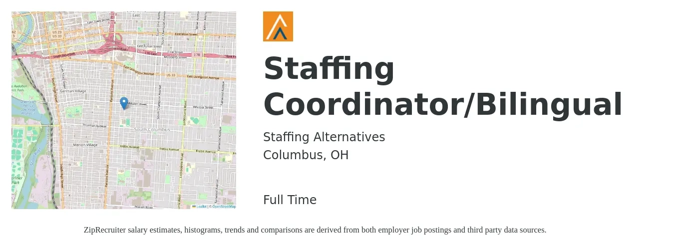 Staffing Alternatives job posting for a Staffing Coordinator/Bilingual in Columbus, OH with a salary of $720 to $800 Weekly with a map of Columbus location.