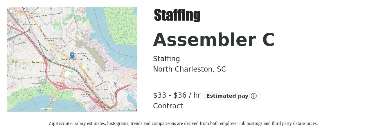 Staffing job posting for a Assembler C in North Charleston, SC with a salary of $35 to $38 Hourly with a map of North Charleston location.