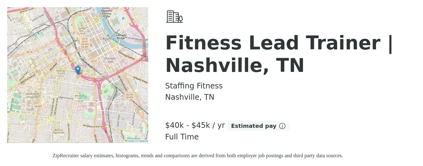 Staffing Fitness job posting for a Fitness Lead Trainer | Nashville, TN in Nashville, TN with a salary of $40,000 to $45,000 Yearly with a map of Nashville location.