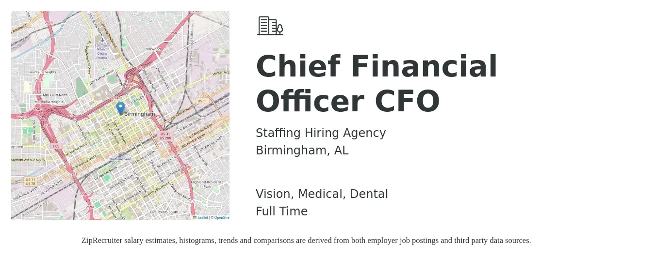 Staffing Hiring Agency job posting for a Chief Financial Officer CFO in Birmingham, AL with a salary of $132,100 to $374,900 Yearly and benefits including dental, life_insurance, medical, pto, retirement, and vision with a map of Birmingham location.