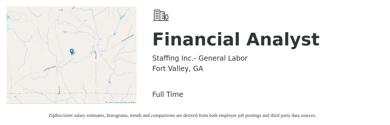 Staffing Inc.- General Labor job posting for a Financial Analyst in Fort Valley, GA with a salary of $59,800 to $94,300 Yearly with a map of Fort Valley location.