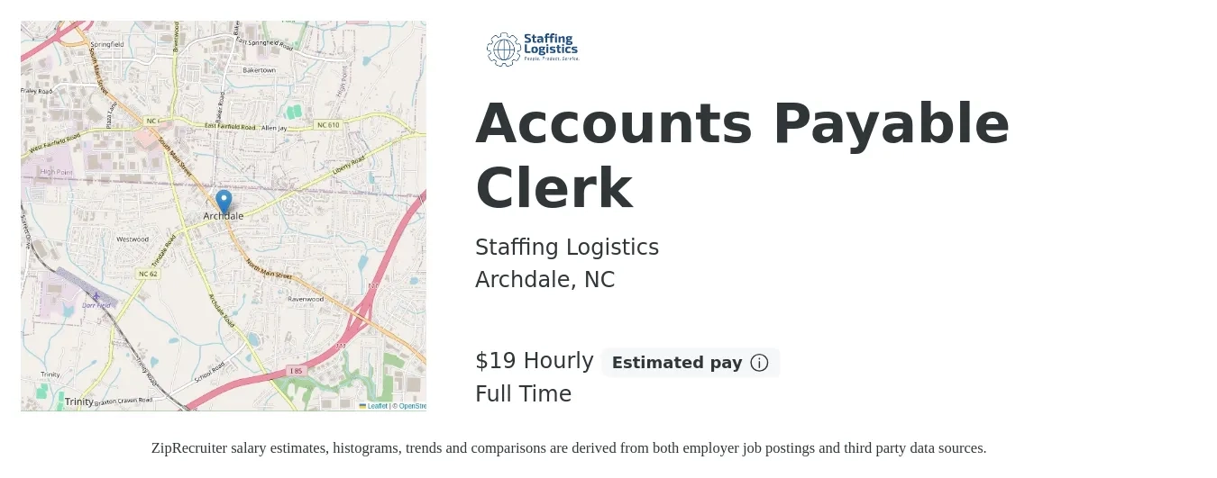 Staffing Logistics job posting for a Accounts Payable Clerk in Archdale, NC with a salary of $20 Hourly with a map of Archdale location.