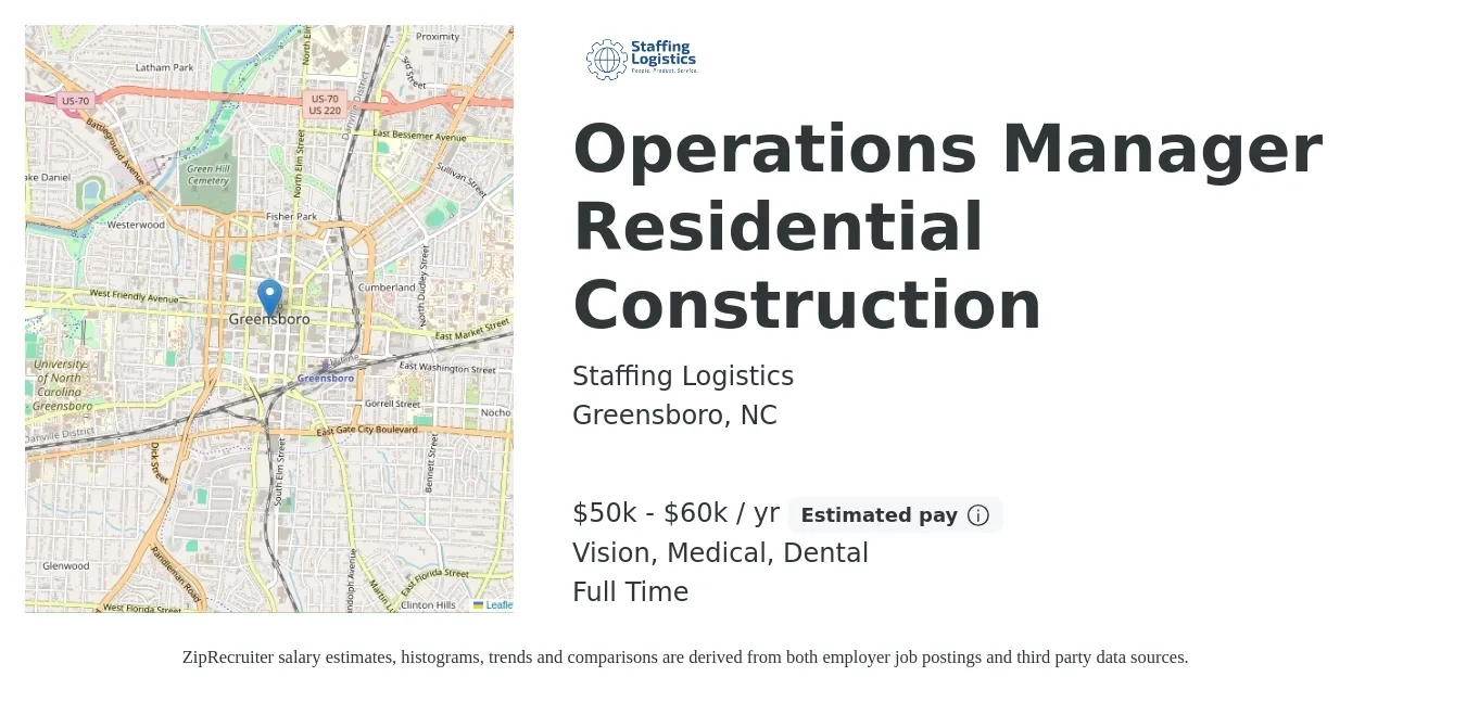 Staffing Logistics job posting for a Operations Manager Residential Construction in Greensboro, NC with a salary of $50,000 to $60,000 Yearly and benefits including dental, life_insurance, medical, and vision with a map of Greensboro location.