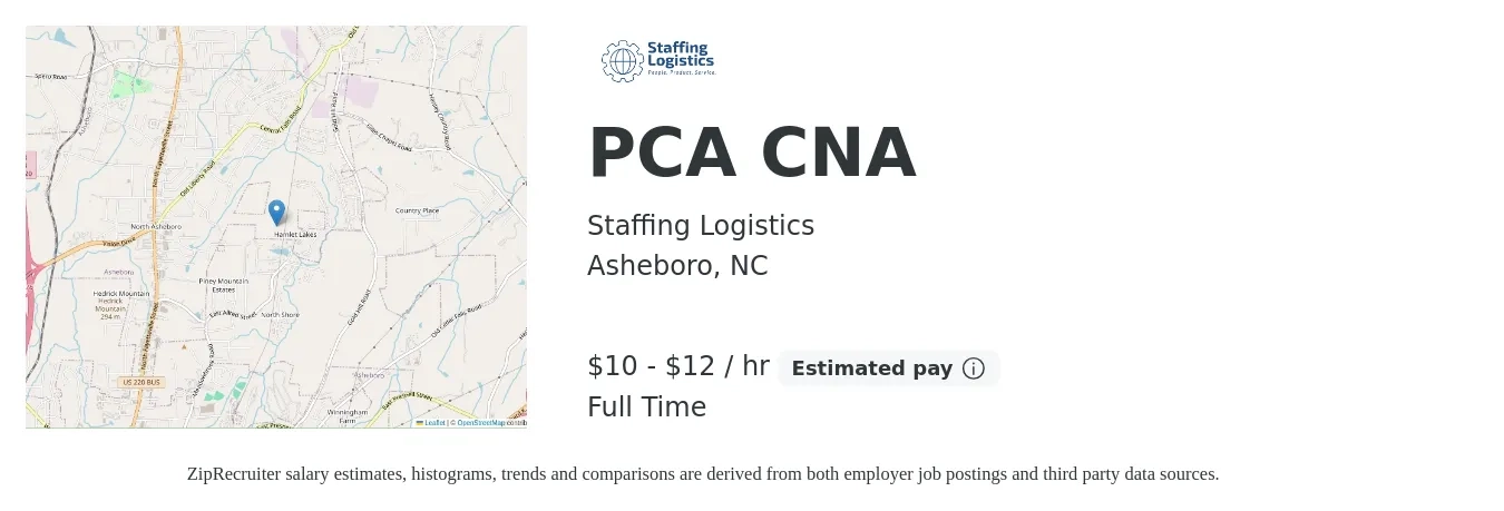 Staffing Logistics job posting for a PCA CNA in Asheboro, NC with a salary of $11 to $13 Hourly with a map of Asheboro location.