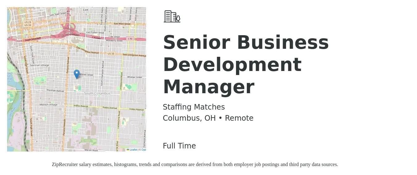 Staffing Matches job posting for a Senior Business Development Manager in Columbus, OH with a salary of $77,800 to $130,900 Yearly with a map of Columbus location.