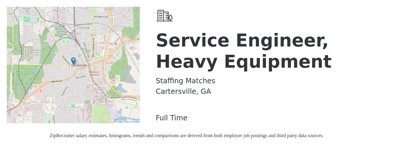 Staffing Matches job posting for a Service Engineer, Heavy Equipment in Cartersville, GA with a salary of $29 to $41 Hourly with a map of Cartersville location.