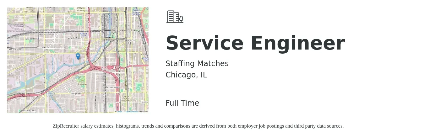 Staffing Matches job posting for a Service Engineer in Chicago, IL with a salary of $34 to $49 Hourly with a map of Chicago location.