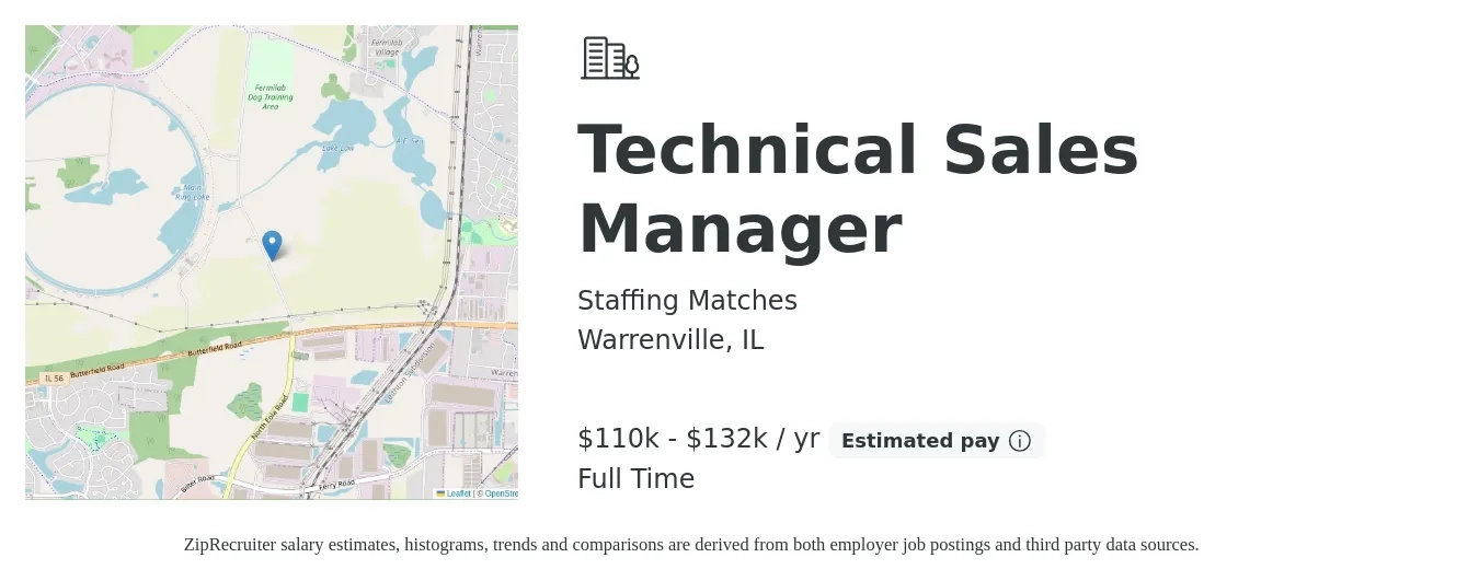Staffing Matches job posting for a Technical Sales Manager in Warrenville, IL with a salary of $110,000 to $132,000 Yearly with a map of Warrenville location.