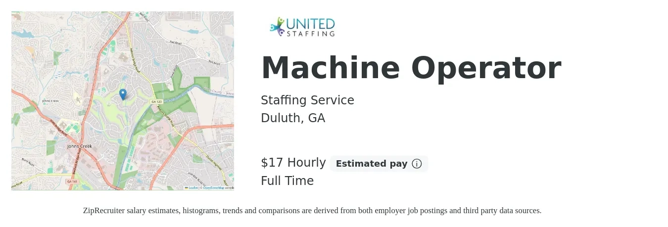 Staffing Service job posting for a Machine Operator in Duluth, GA with a salary of $18 Hourly with a map of Duluth location.