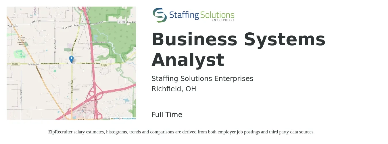 Staffing Solutions Enterprises job posting for a Business Systems Analyst in Richfield, OH with a salary of $38 to $57 Hourly with a map of Richfield location.