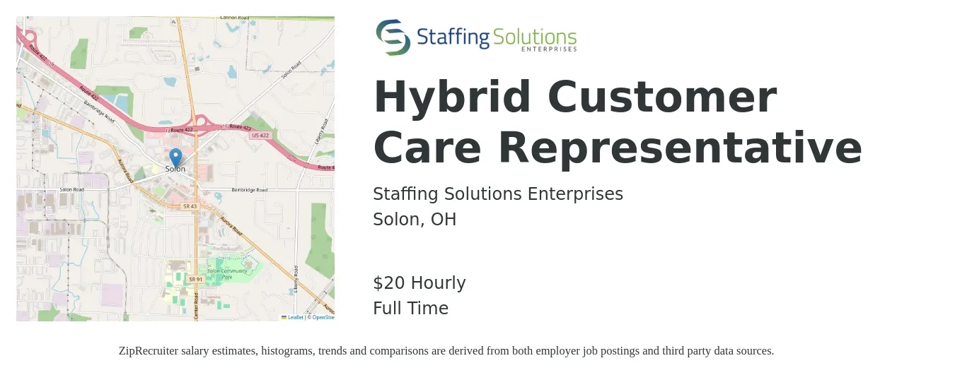 Staffing Solutions Enterprises job posting for a Hybrid Customer Care Representative in Solon, OH with a salary of $21 Hourly with a map of Solon location.