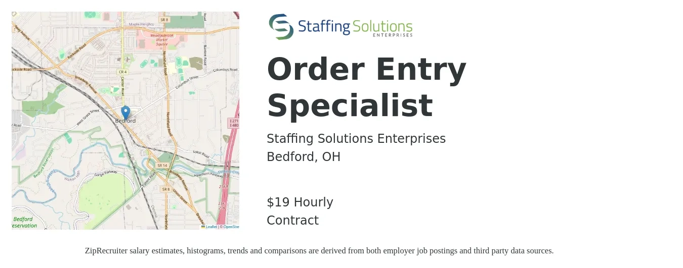 Staffing Solutions Enterprises job posting for a Order Entry Specialist in Bedford, OH with a salary of $20 Hourly with a map of Bedford location.