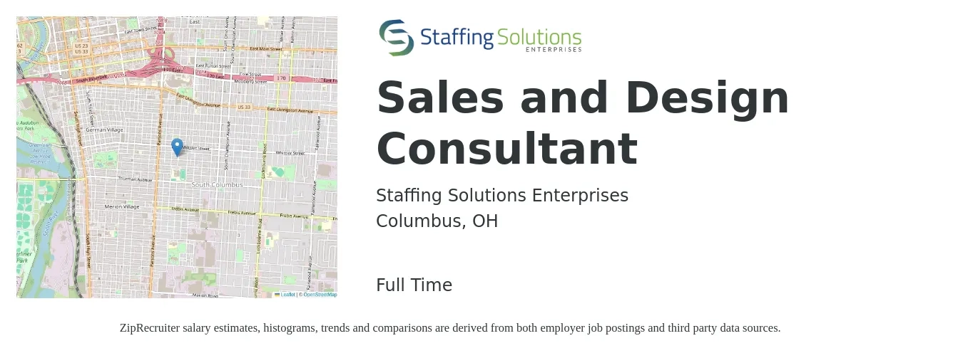 Staffing Solutions Enterprises job posting for a Sales and Design Consultant in Columbus, OH with a salary of $43,900 to $111,600 Yearly with a map of Columbus location.