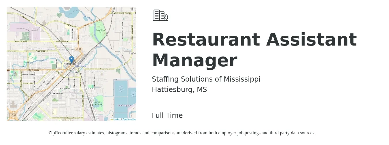 Staffing Solutions of Mississippi job posting for a Restaurant Assistant Manager in Hattiesburg, MS with a salary of $17 to $24 Hourly with a map of Hattiesburg location.