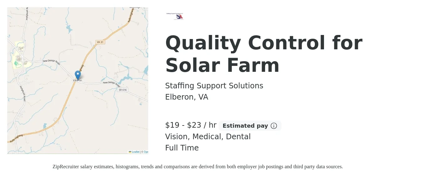 Staffing Support Solutions job posting for a Quality Control for Solar Farm in Elberon, VA with a salary of $20 to $24 Hourly and benefits including life_insurance, medical, vision, and dental with a map of Elberon location.