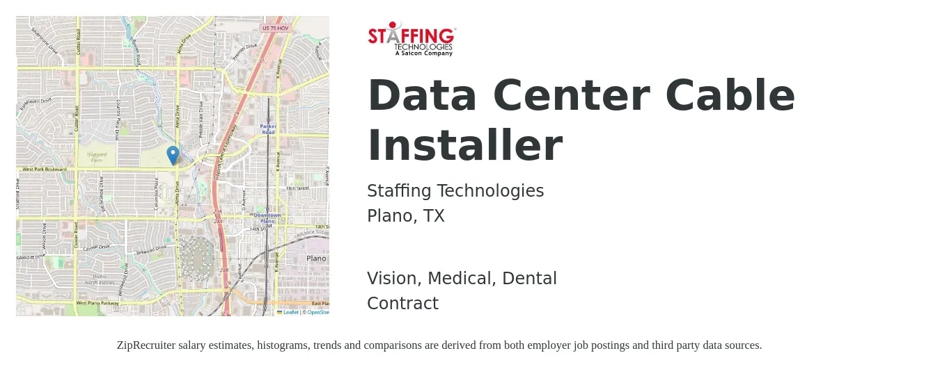 Staffing Technologies job posting for a Data Center Cable Installer in Plano, TX with a salary of $20 to $29 Hourly and benefits including vision, dental, life_insurance, medical, and pto with a map of Plano location.