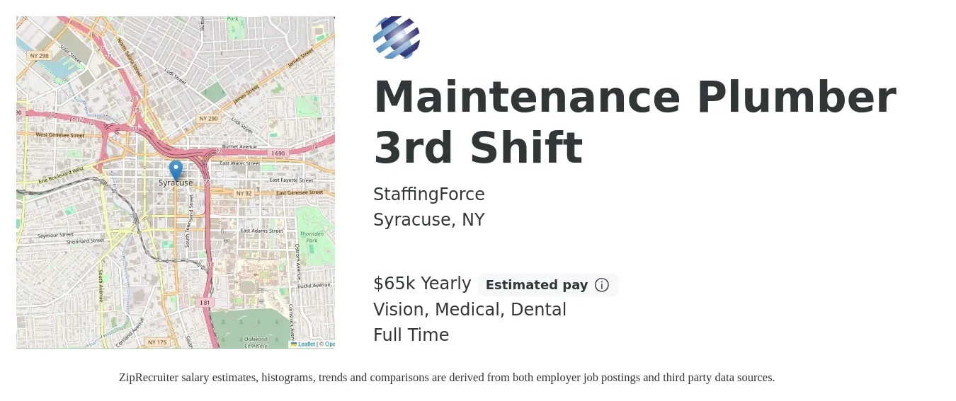 StaffingForce job posting for a Maintenance Plumber 3rd Shift in Syracuse, NY with a salary of $65,000 to $65,500 Yearly and benefits including dental, life_insurance, medical, pto, retirement, and vision with a map of Syracuse location.