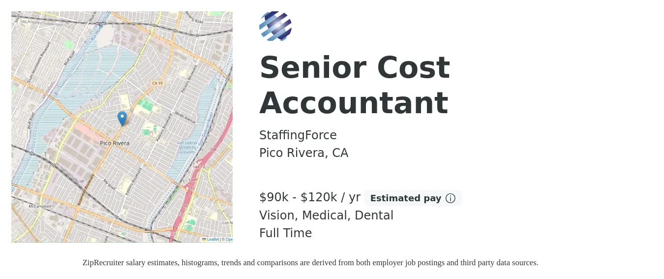 StaffingForce job posting for a Senior Cost Accountant in Pico Rivera, CA with a salary of $90,000 to $110,000 Yearly and benefits including medical, pto, retirement, vision, dental, and life_insurance with a map of Pico Rivera location.